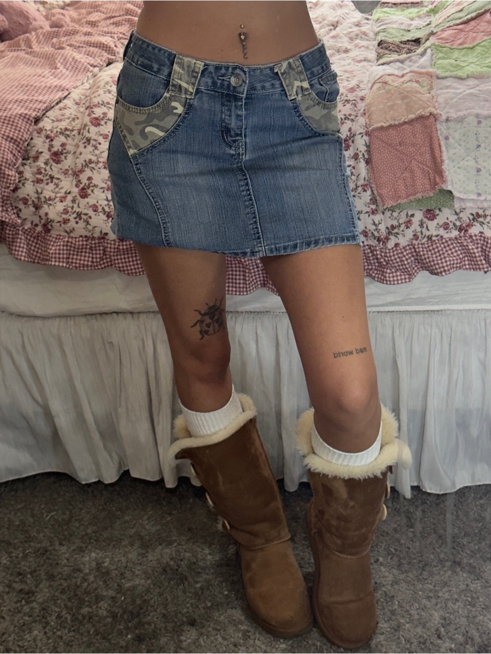 Y2K Denim Mini Skirt with Camo Pocket Accents